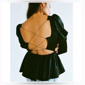 Allina Liu Black Satin Womens Freya Peplum Top Blouse size M